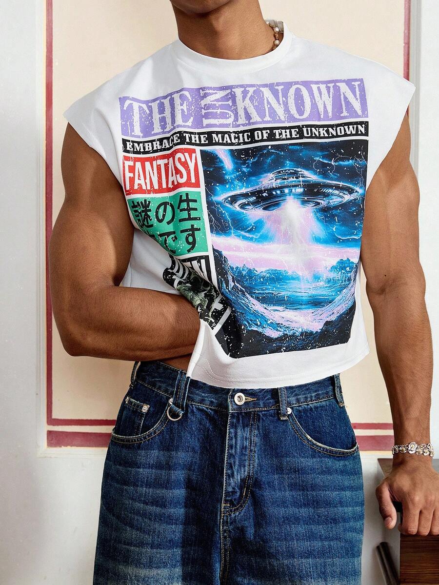 男士街头风格宽松方形背心，适合夏季，街头风版 - 白色 - 查看 1