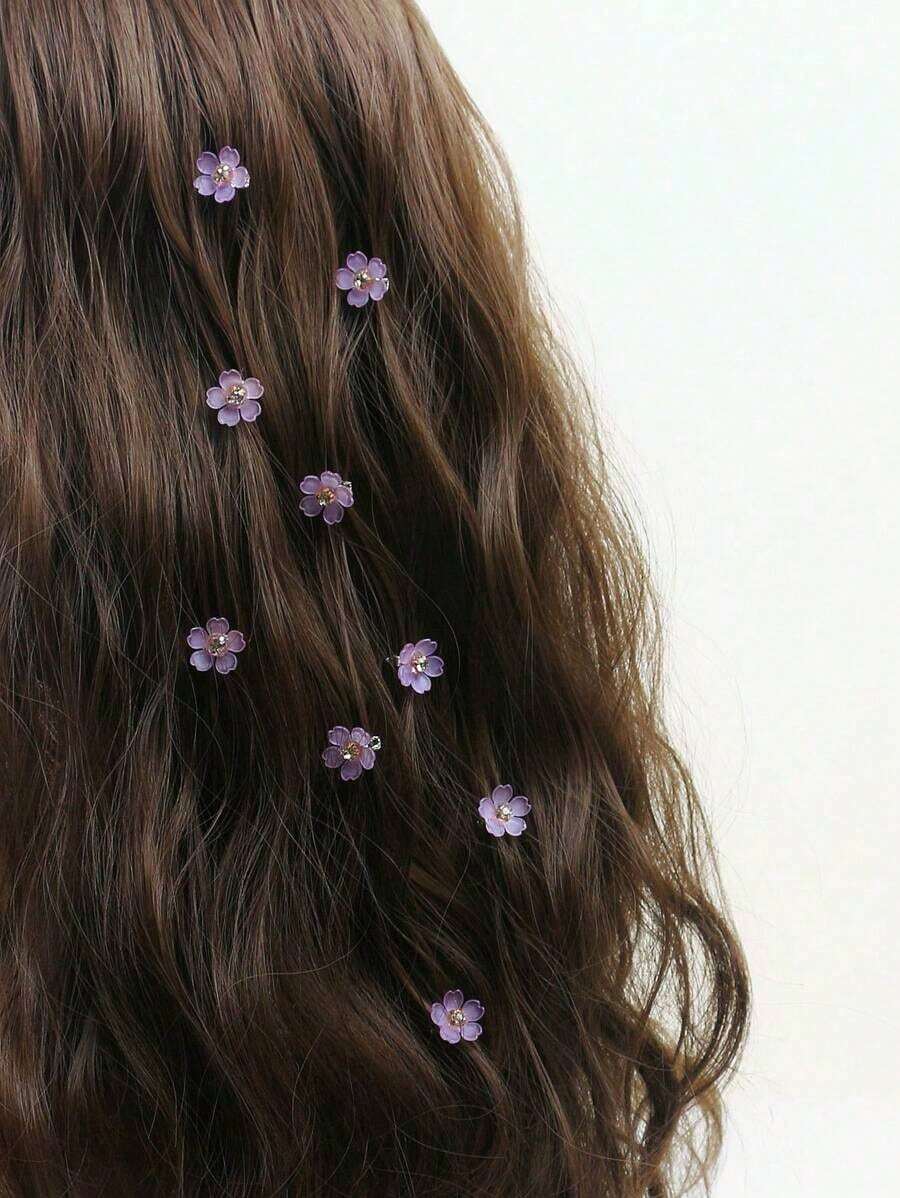 10pcs Rhinestone Flower Hair Clips, Braided Hair Clips, Women Hair Accessories, Vacation Outfits Woman, Party - 紫色 - 查看 1