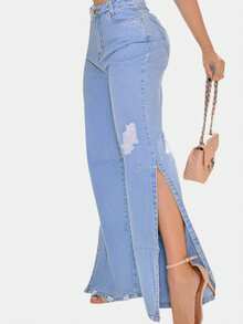 New Fashion Women's Premium Wide Leg Jeans With Ripped Details - Đá lửa - Xem 1