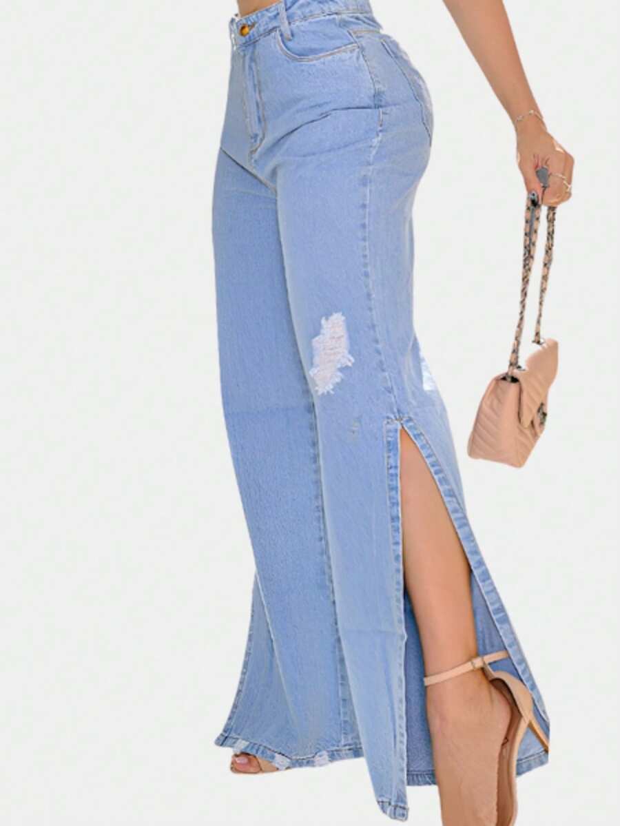 New Fashion Women's Premium Wide Leg Jeans With Ripped Details - Đá lửa - Xem 1