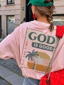 Women's Petite Size GOD Slogan Graphic Round Neck Short Sleeved T-Shirt , Casual Loose And Versatile Holiday Style Oversize Tops, Fashionable Summer Suitable For Daily Holiday Wear