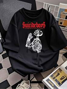 Elegante camiseta gráfica para mujer con estampado de esqueleto, moderna camiseta de manga corta con cuello redondo, tela suave y cómoda, diseño de patrón único, perfecta para uso diario y salidas informales. - Negro - Ver 2