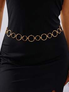 1 件女士新款椭圆形金属金色腰链，时尚百搭身体首饰配饰，适合连衣裙 - 金色 - 查看 1