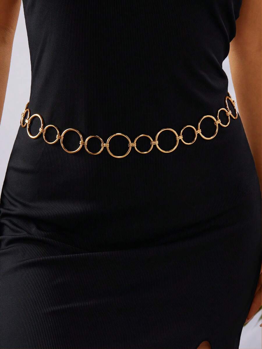 1 件女士新款椭圆形金属金色腰链，时尚百搭身体首饰配饰，适合连衣裙 - 金色 - 查看 1