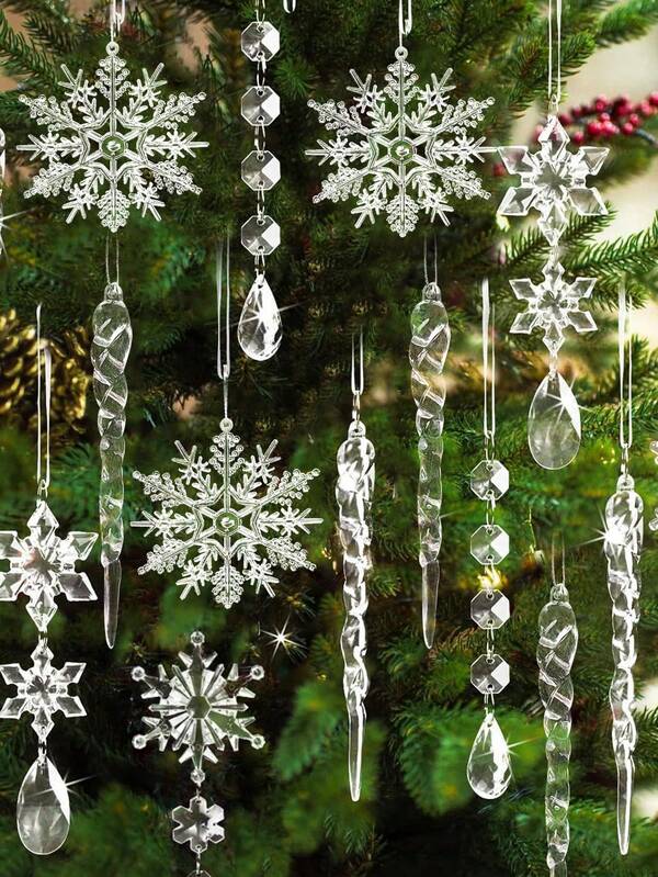 12pcs Acrylic Simulated Faceted Ice Bar Pendants With Icicles And Cone Decorations, Clear Acrylic Icicle Christmas Tree Ornaments - Artificial Icicle Decorations For Holiday Parties, Winter Home Decor, And Holiday Celebrations, Christmas Tree Decorations | Sparkling Christmas Decorations | Clear Acrylic Ornaments