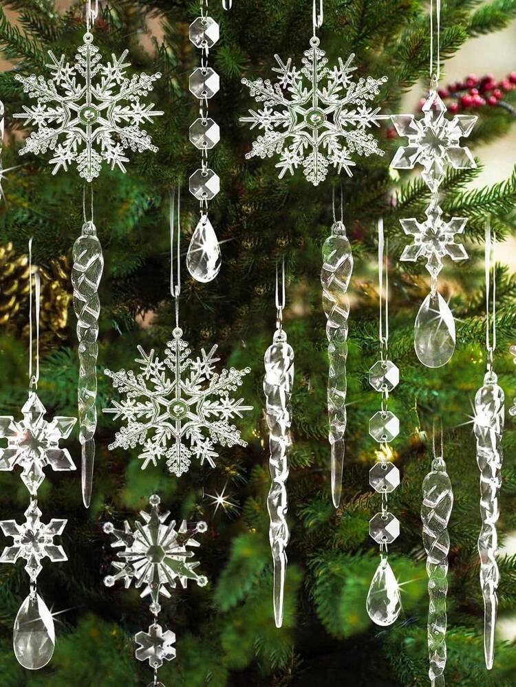 12pcs Acrylic Simulated Faceted Ice Bar Pendants With Icicles And Cone Decorations, Clear Acrylic Icicle Christmas Tree Ornaments - Artificial Icicle Decorations For Holiday Parties, Winter Home Decor, And Holiday Celebrations, Christmas Tree Decorations | Sparkling Christmas Decorations | Clear Acrylic Ornaments - Multicolor - View 1
