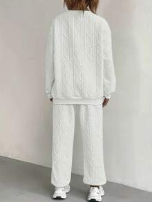 Relaxed Texture Pullover Pants, Long-Sleeved Round-Neck Sportswear And Jogging Pants Combination, Women's Clothing, High-Quality Textured Casual Pullover Set, Releasing A Sense Of Relaxation And Ease - 白色 - 查看 3