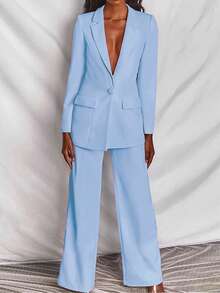 Women's Solid Color Lapel NeckLong Sleeve Single-Breasted Blazer And Pants Casual Suit, Autumn Spring - Baby Blue - View 2