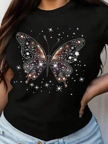 Plus Size Women's Butterfly And Starry Night Print T-Shirt Short Sleeve Round Neck Casual Top, Soft Breathable Fabric, All-Season Comfortable, Vibrant Digital Print Design, Summer Fashion, Unique Style, Durable And Comfortable - Black - View 1
