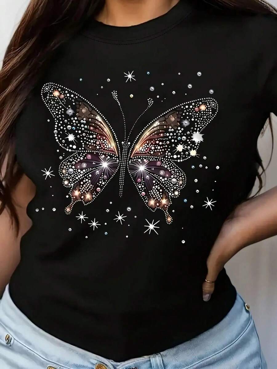 Plus Size Women's Butterfly And Starry Night Print T-Shirt Short Sleeve Round Neck Casual Top, Soft Breathable Fabric, All-Season Comfortable, Vibrant Digital Print Design, Summer Fashion, Unique Style, Durable And Comfortable - Black - View 1