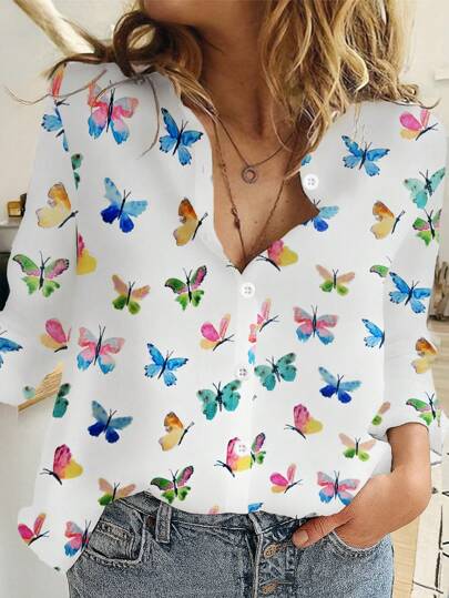 Chemises pour femmes, chemise à manches longues avec imprimé papillon pour le printemps et l'automne - Top décontracté à boutons avec un design élégant