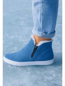 Boots With Plush Fur Zipper Comfortable Sneakers Easy To Put On Booties Winter - 藍色 - 查看 2