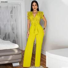 Women's Jumpsuit: Sexy V-Neck Sleeveless Solid Color - Tie-Waist Wide-Leg Pants - 黃色 - 查看 1