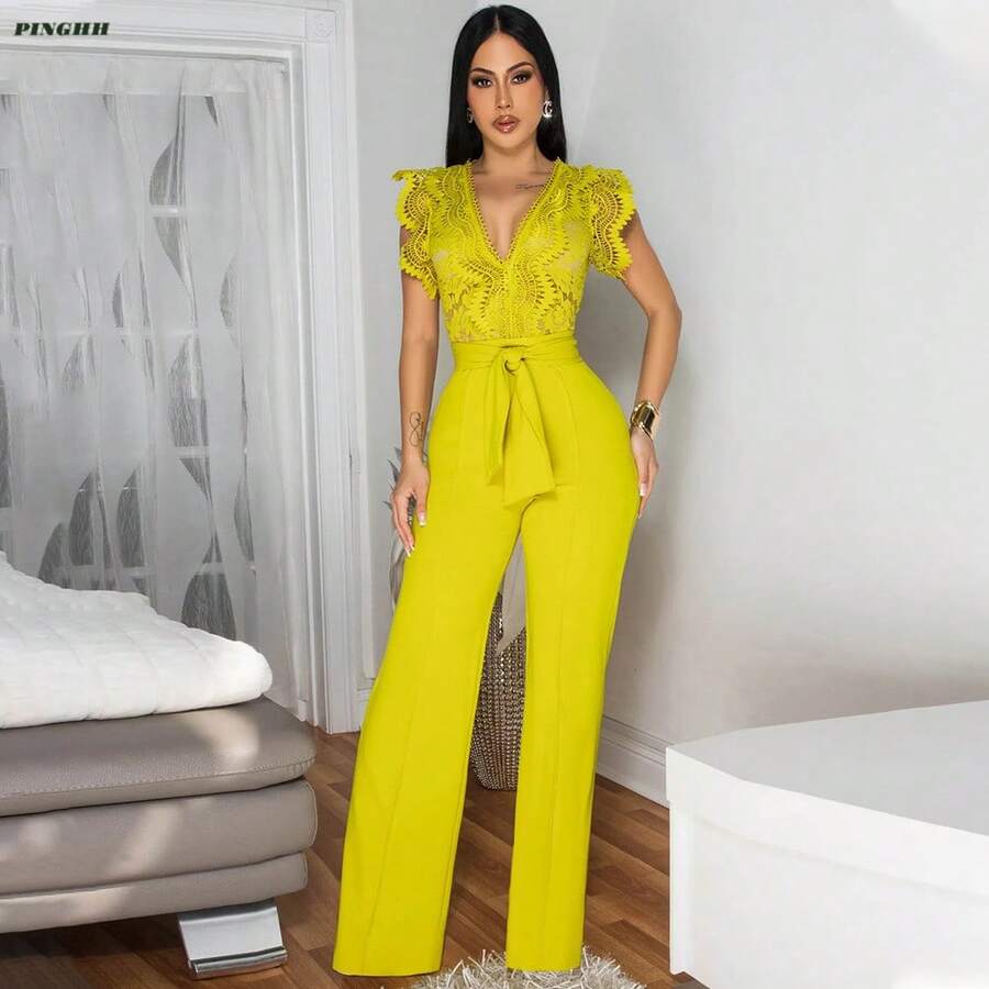 Women's Jumpsuit: Sexy V-Neck Sleeveless Solid Color - Tie-Waist Wide-Leg Pants - 黃色 - 查看 1