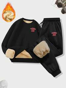 Men's Casual Daily Style Sherpa-Lined Solid Color Sweatshirt And Pants Set, Warm For Winter - Black - View 1