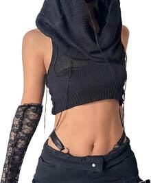 Women Knitted Hoodie Sweater Vest Sleeveless Hollow Out Hooded Crop Top Streetwear Rave Oufit - 黑色 - 查看 3