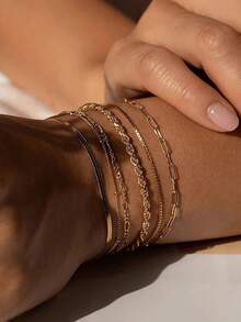 6 Pieces Of Bracelet Set, Alloy Round Bead Chain Box Chain, Simple And Fashionable Bracelet, A Versatile Jewelry Collection Suitable For Daily Wear, Including Paper Clip Chain, Herringbone Chain And Figaro Chain Design