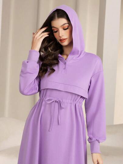 Vestido feminino casual de cor sólida com cordão e manga comprida com capuz, uso diário