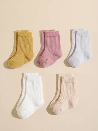 5 Pairs Unisex Baby/Toddler Solid Color Mid-Calf Socks