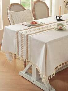 1 pieza Mantel de lino de unicolor simple de estilo vintage americano con flecos, mantel de decoración de cocina, camino de mesa a rayas, rectangular para gabinete de TV, boda al aire libre, telón de fondo de fotografía, diario, festival, fiesta de cumpleaños, decoración de mesa de comedor, para todas las estaciones