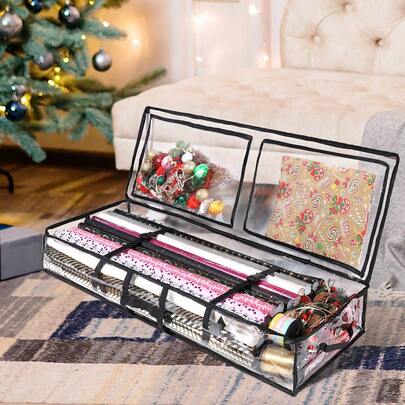 1pc Transparent Gift Wrap Storage Bag With Handle And Zipper, Foldable Waterproof Gift Organizer Bag, Black Edged Underbed Storage Bag, Suitable For Various Sizes Of Wrapping Paper, Transparent PVC Box-Style Container, Thanksgiving & Christmas Holiday Wrapping Paper Organizer