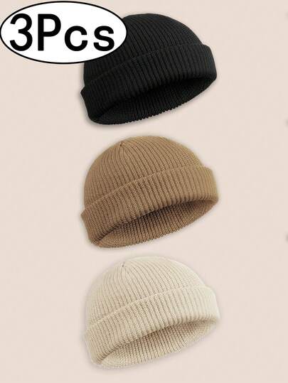 3 Pieces Beanie Watch Hat Roll-Up Edge Skullcap Fisherman Beanie For Women Men Watch Hat Roll Up Edge Skullcap Fisherman Beanie Unisex