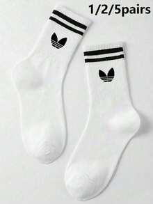 1/2/5 pares de meias listradas com estampa de pétalas até a panturrilha, macias e confortáveis, meias esportivas casuais e versáteis, unissex, para casais, adequadas para uso diário ou ao ar livre, todas as estações - Branco - Ver 1