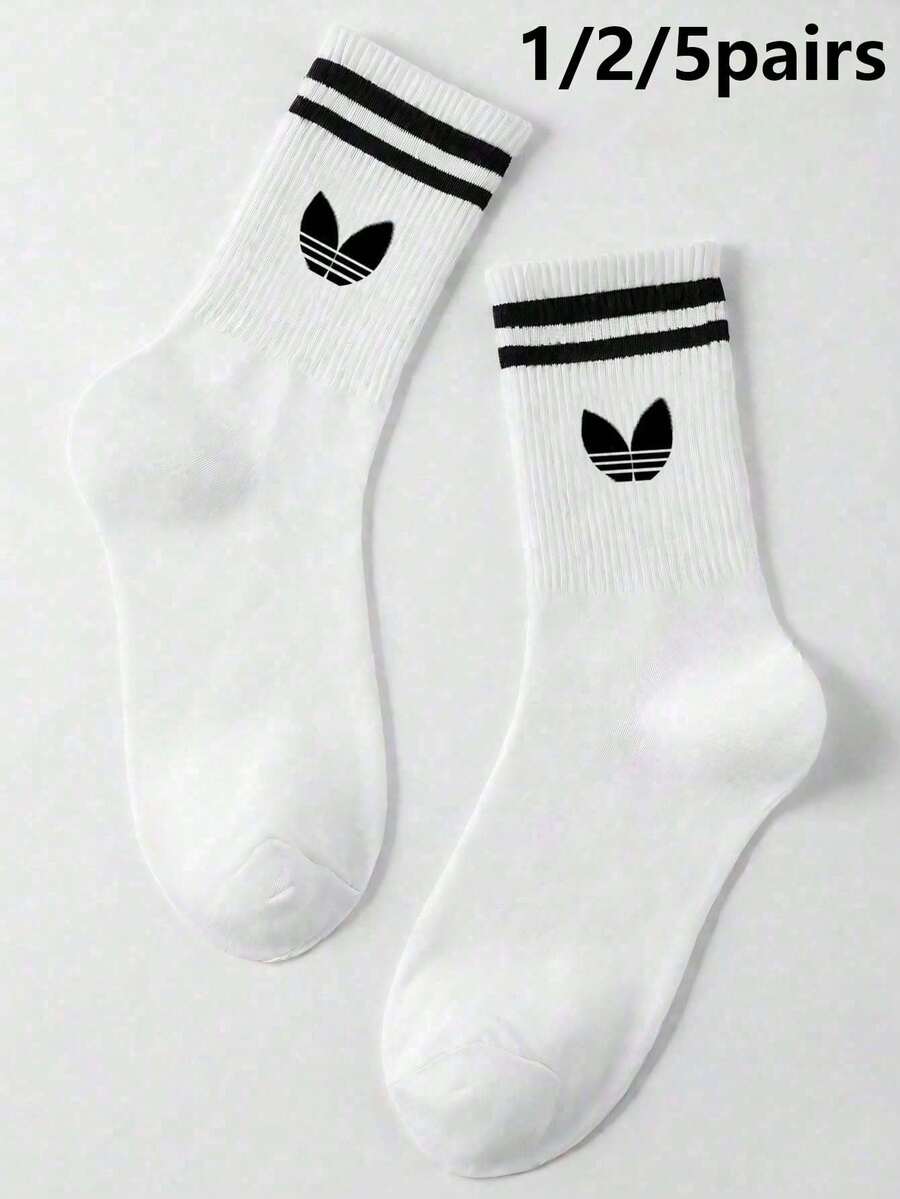 1/2/5 pares de meias listradas com estampa de pétalas até a panturrilha, macias e confortáveis, meias esportivas casuais e versáteis, unissex, para casais, adequadas para uso diário ou ao ar livre, todas as estações - Branco - Ver 1