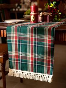 1pc Red & Green Plaid Tassel Trim Christmas Table Runner, Christmas Party Decor Table Runner, Suitable For Winter Christmas Party Home Table Decoration