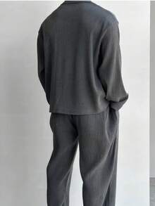 男士高品质纹理休闲西装套装，包括夹克和宽松长裤，春秋季 - 灰色 - 查看 4