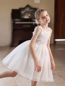 少女白色蕾丝刺绣薄纱花童婚纱 - 白色 - 查看 7