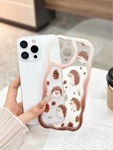 Hedgehog Painted Glossy Cream Texture Transparent Painted Fashion Shockproof Minimalist Phone Case Compatible With IPhone 14/15 Pro Max, IPhone 16/11/16 Pro Max/13/11, 12, 13, 16, 15, 16 Plus, 16 Pro Max, S23/S24, A56, A36, A26, A134G, A22, A21S, A514G, A52, S22 Ultra, A335G/10, Redmi Note 114G