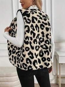 Leopard Print Contrast Color All-Over Print Button Decor Contrast Trim Sleeveless Women Coats