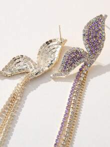 1 Pair Rhinestone Embellished Purple Butterfly Tassel Earrings, Sweet Boho Style, Versatile Design For Women