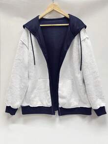 Plus Size Women Solid Color Fleece Zip-Up Jacket, Basic Style, Warm For Autumn/Winter - Navy Blue - View 3