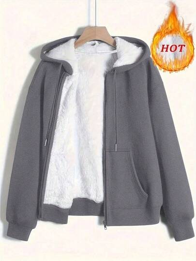 Plus Size Women Solid Color Fleece Zip-Up Jacket, Basic Style, Warm For Autumn/Winter