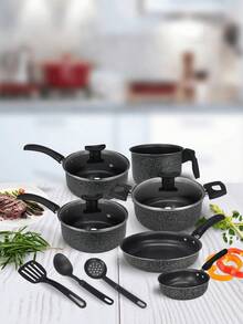 Cookware Set Casserole Set 9 Pieces Kit Nonstick Glass Lid Elegance With Cutlery - cerámica negra - Ver 1