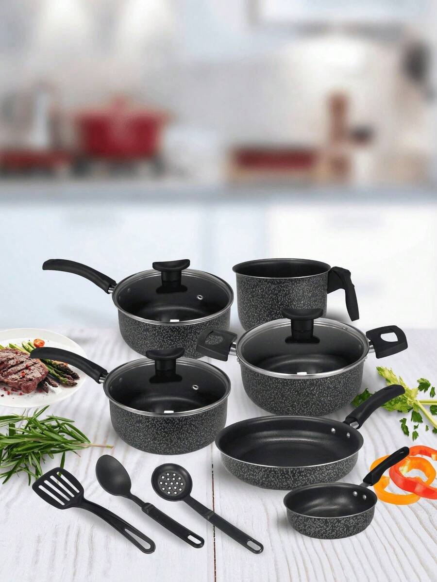 Cookware Set Casserole Set 9 Pieces Kit Nonstick Glass Lid Elegance With Cutlery - cerámica negra - Ver 1