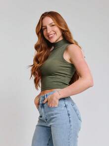 Kit With 3 Cropped High Neck Ribbed Women's Blogger Blouses - xanh lá cây/nude/xanh nước biển - Xem 9