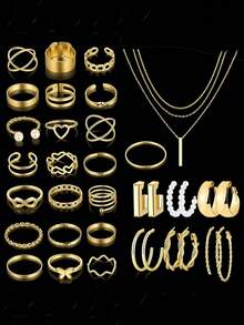 FAXHION 68pcs/58pcs/54pcs/35pcs Elegant Stars,Heart,Butterfly,Flower,Faux Pearl,Bow Earrings,Rings,Necklace,Bracelet,Anklets Jewelry Set For Women's Daily Outfit, Decoration, Dates, Gatherings, Parties Valentines,Gift ﻿ - 金黃色 - 查看 2
