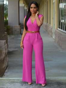 Conjuntos de mujer diseño liso con cinturón,Top de tirantes liso & Pantalones de pierna ancha - Rosa Fucsia - Ver 4