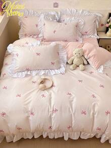 2/3 pièces Set Housse de couette et taie d'oreiller à volants en fibre imperméable avec imprimé papillon (Hors rembourrage), Parure de lit moderne bicolore convenant pour chambre à coucher, dortoirs d'étudiants, lits simples et doubles, toutes saisons, décoration d'automne, décoration de chambre - Rose bonbon - Voir 3