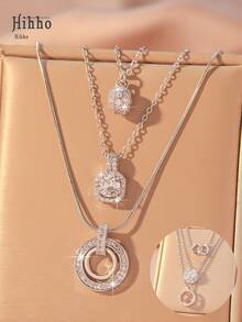 Hihho 3 款时尚优雅项链，锆石镶嵌双环圆球设计，个性化创意女士项链套装，奢华珠宝礼物 - 銀色 - 查看 11