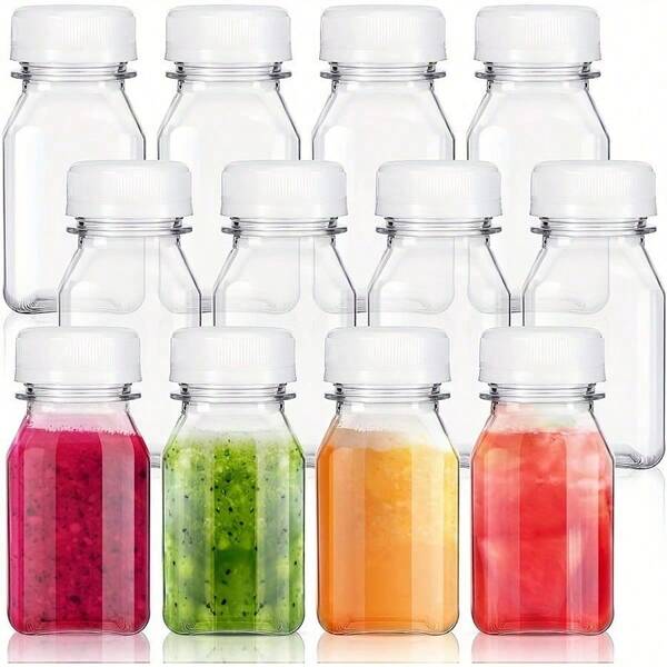 12pcs, 8oz Plastic Juice Bottles With Caps, 4oz 5oz 12oz 16oz Reusable Drink Bottles, Mini Fridge Bottles Reusable, Plastic Mini Juice Containers For Juicing, Smoothie, Tea And Homemade Beverages, Portable Accessories Storage