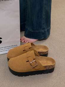 春季新款厚底勃肯休闲一脚蹬鞋，编织鞋底勃肯鞋，女士包头厚底凉鞋 - 駝色 - 查看 4