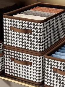 1pc Houndstooth Pattern Clothes Storage Box, Large Capacity Wardrobe Organizer Box, Foldable Home Storage Basket