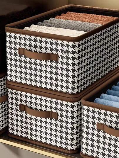 1 件千鸟格图案衣服收纳盒，大容量衣柜整理盒，可折叠家用收纳篮
