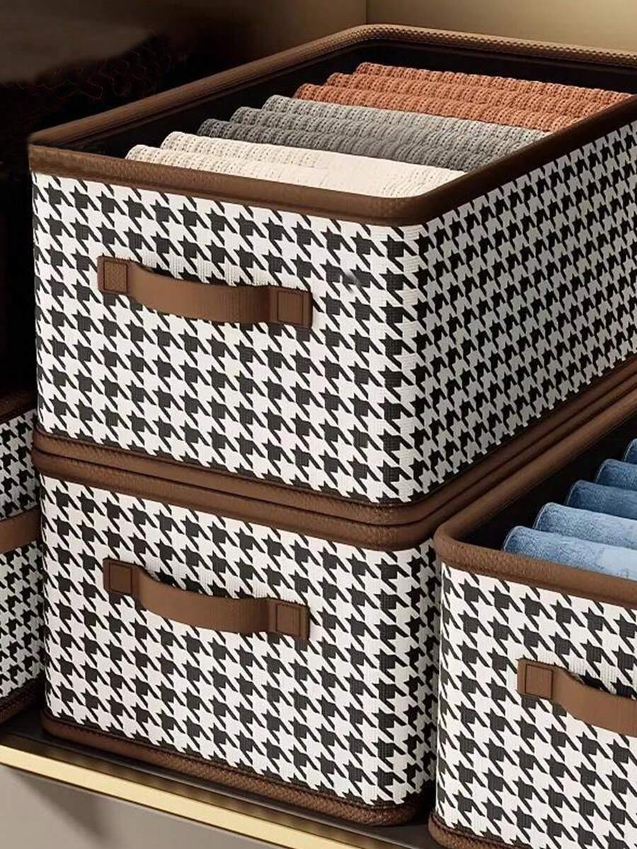 1pc Houndstooth Pattern Clothes Storage Box, Large Capacity Wardrobe Organizer Box, Foldable Home Storage Basket