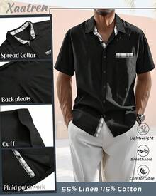 Men's Big And Tall Linen Shirts, Button Down Short Sleeve Summer Shirt Casual Cotton Beach Vacation Tops With Pockethalloween - 黑色 - 查看 3