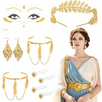 10 件套希腊女神服装配饰套装，适合女士，希腊珠宝套装带发夹、脸贴、头带、耳环、臂环，适合新年新娘婚礼装扮派对和节日角色扮演